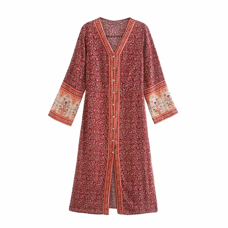 

Printing Maxi Dresses For Women Bohemian 2021 Loose V-Neck Lace-Up Long Sleeves Single-breasted Split Summer Dress New Vestidos