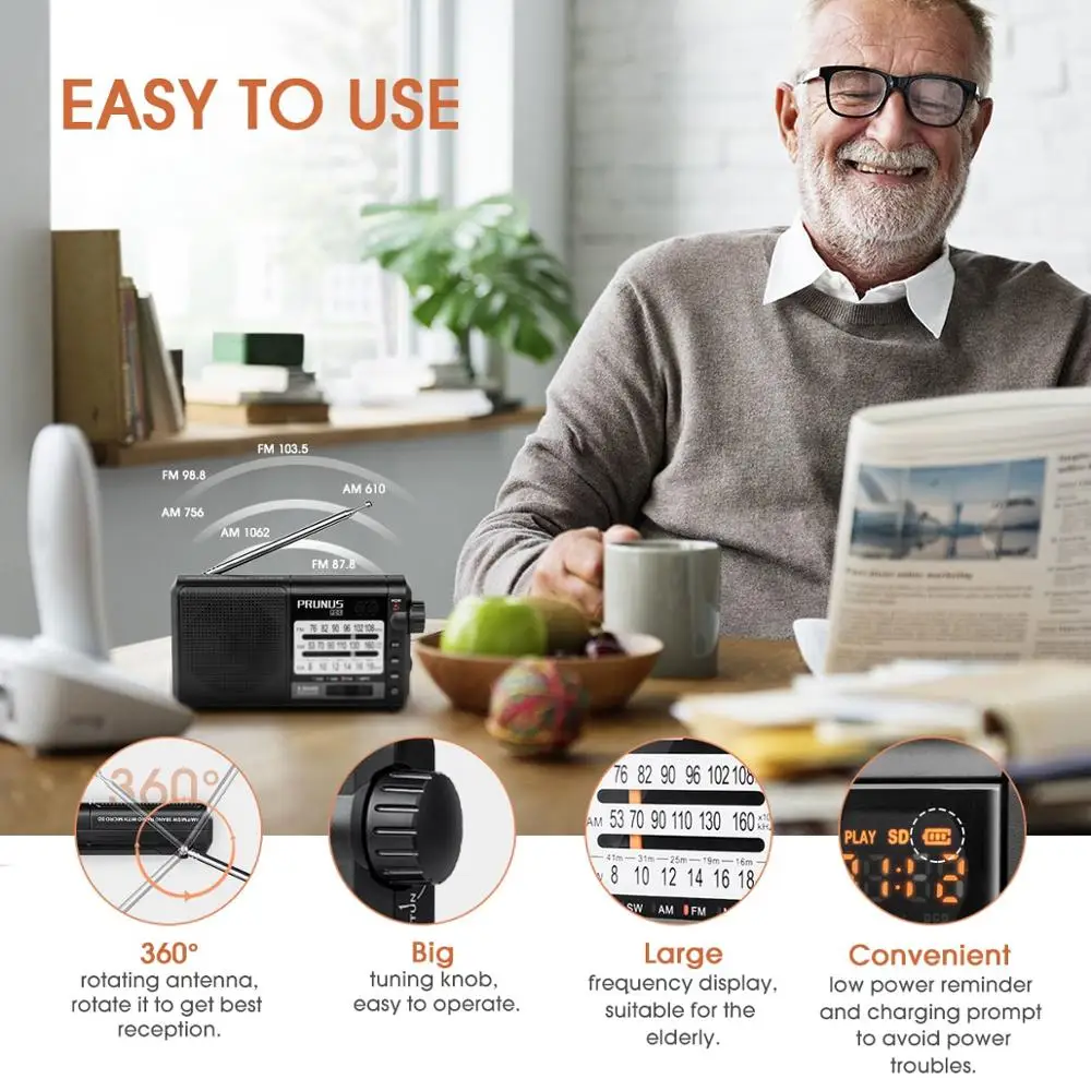 Портативный радиоприемник PRUNUS AM FM/SW ретро коротковолновый AUX/TF карта MP3