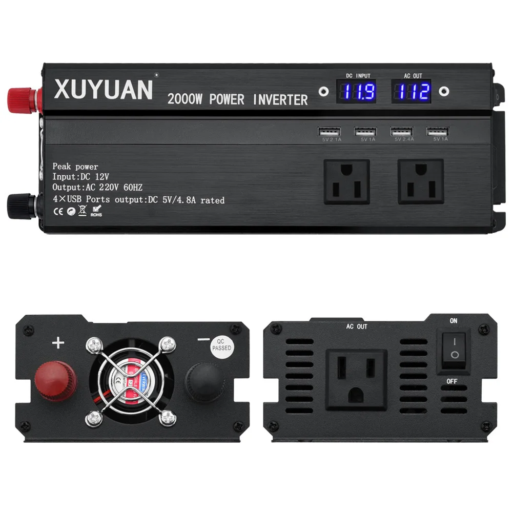 

2000 Watts Power Inverter 12V 24V DC to 220V LED Display Modified Sine Wave Car Inverter Converter with 3 AC Outlets + 4 USB Por