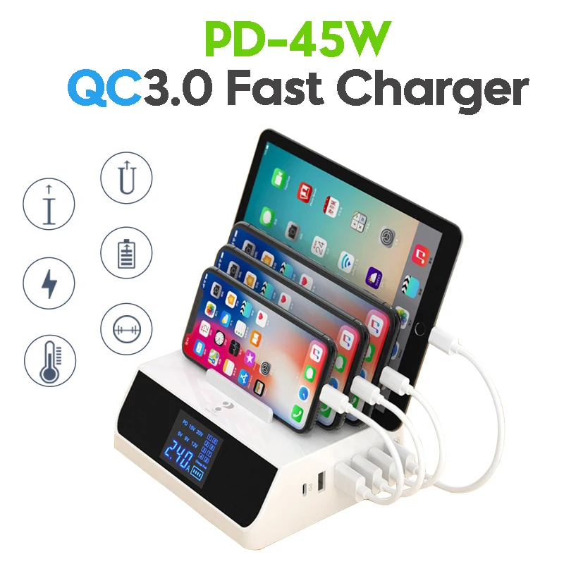 

USB C PD 45W Charging Station with Holder QC 3.0 6-Port USB Quick Charger Dock for Phone iPhone Macbook Air Pro 13 15 Laptop
