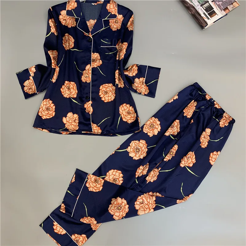 Женский пижамный комплект из двух предметов шелковая пижама с длинным рукавом и