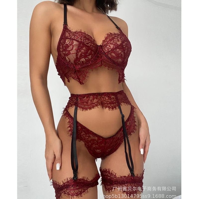 

WEPBEL Women's Sexy Solid Color Lace Bra Set Embroidered Panties +Spaghetti Strap Three Quarters Bra Three-Piece Set