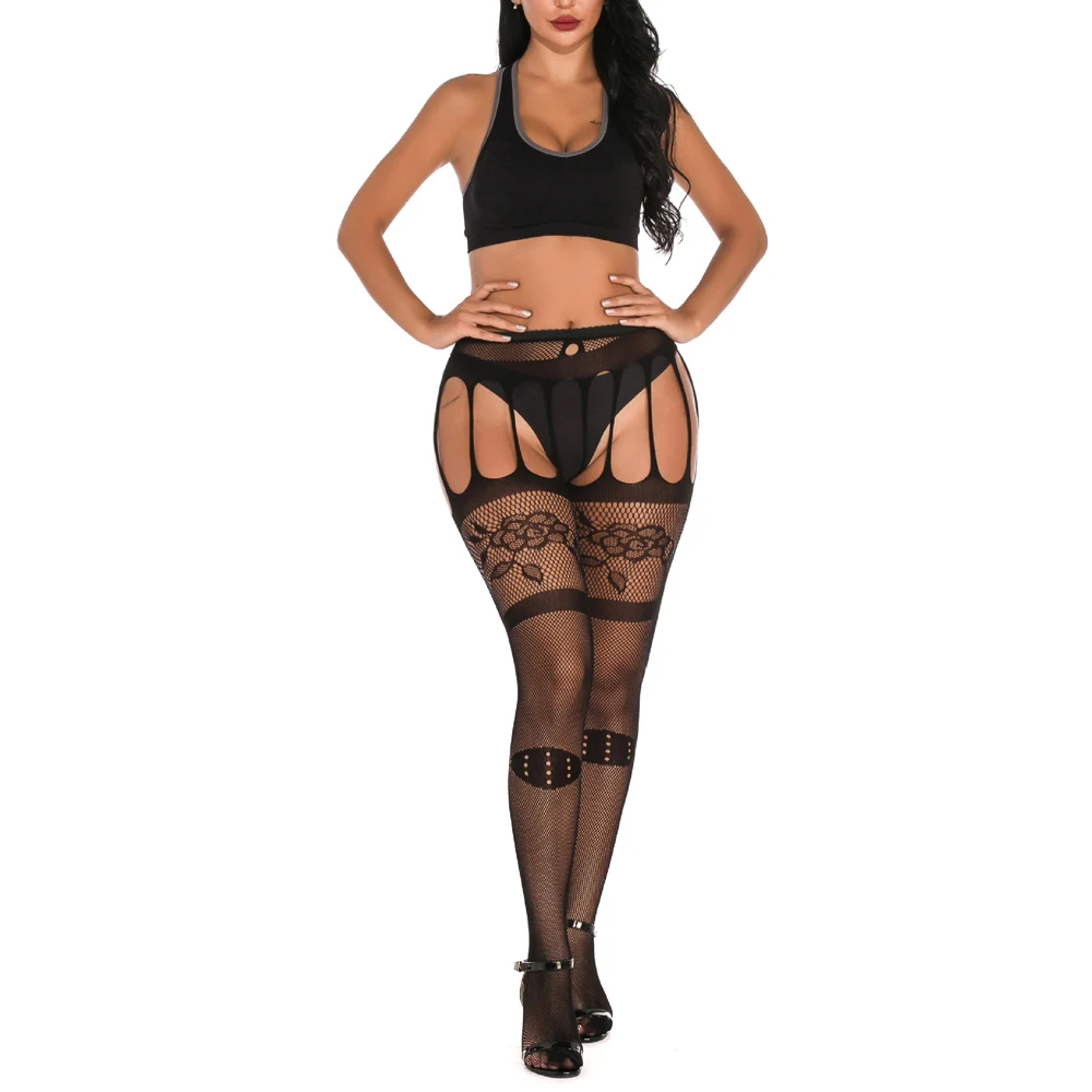 Лидер продаж 2020 черные кружевные ажурные чулки колготки с открытой промежностью