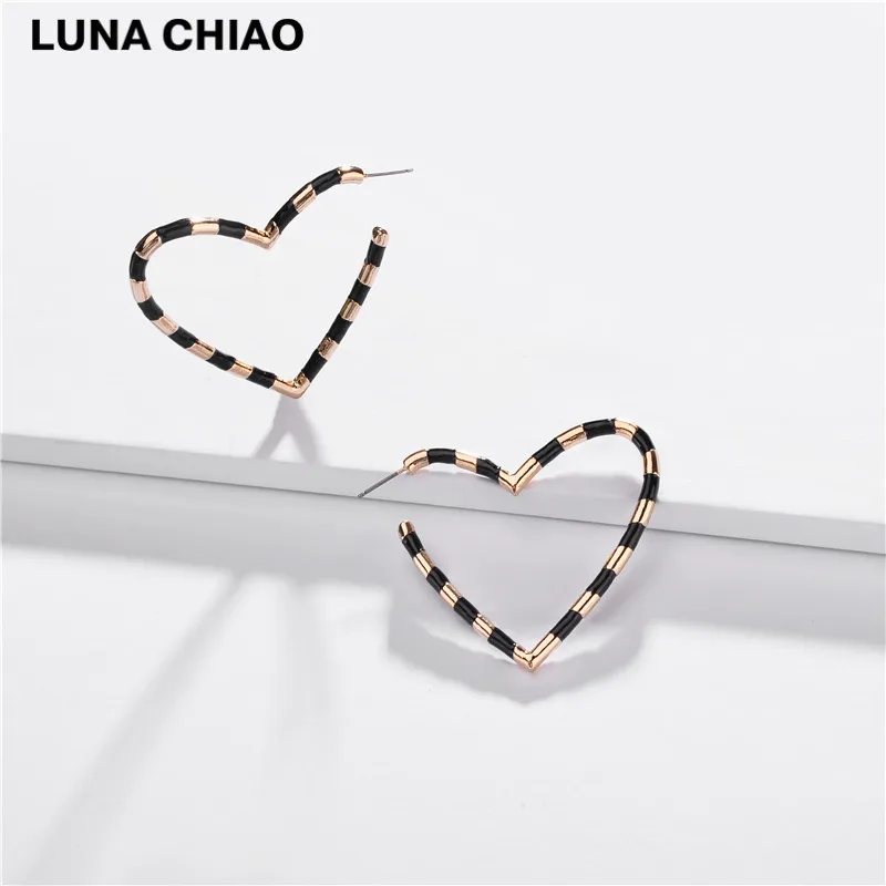 black LUNA CHIAO Модные Разноцветные эмалированные серьги-кольца с большим сердцем для женщин - Окраска металла: black