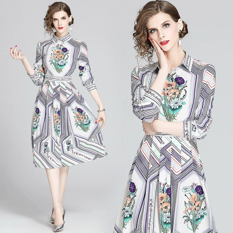 

Autumn Vintage Turn-Down Collar Wrist Sleeve Floral Print Knee-Length Dress Women High Waist Button Elegant Runway Lady Dresses