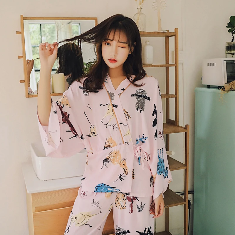 

BZEL Cartoon Ladies Pajamas Set Women Kimono Lovely Pink Sleepwear Suit Nighty Cosy Cotton Femme Bathrobe Spring Autumn Homewear