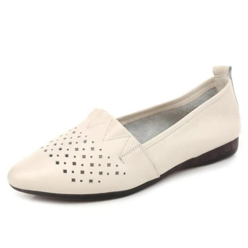 

Hot 2022 New Summer Pointed Hollow Shallow Flat Shoes Breathable Genuine Leather Shoes Soft Bottom Casual Women Shoes Large Size