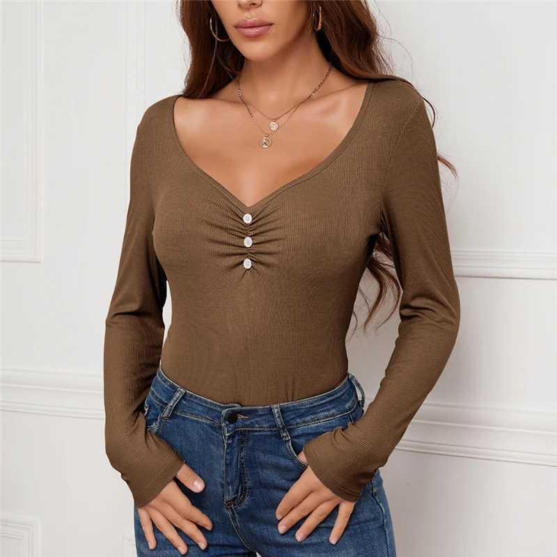 

Ladies Casual Long Sleeve T-shirt, Women Retro Style Solid Color Button Decoration V-neck Chest Ruched Tops Slim Base Shirt