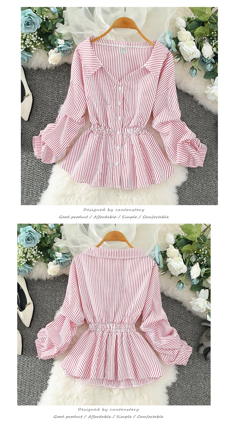 black long sleeve top stripe blouses Women chiffon long-sleeve New Tops Fashion Korean shirts Female blouse 2021Spring Autumn princess clothes V-neck satin blouse