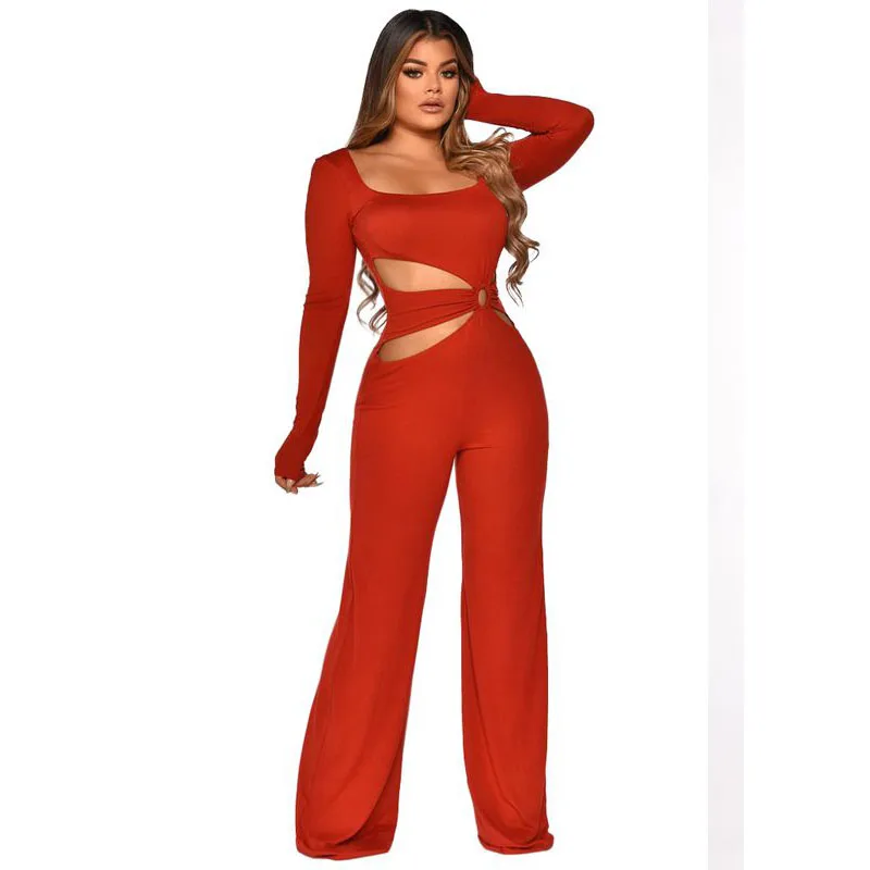 

Fall Clothes Solid Long Sleeve Wide-leg Pants Jumpsuit Women Sexy Bodysuit One Piece Outfits Nightclub Overalls Wholesale Items