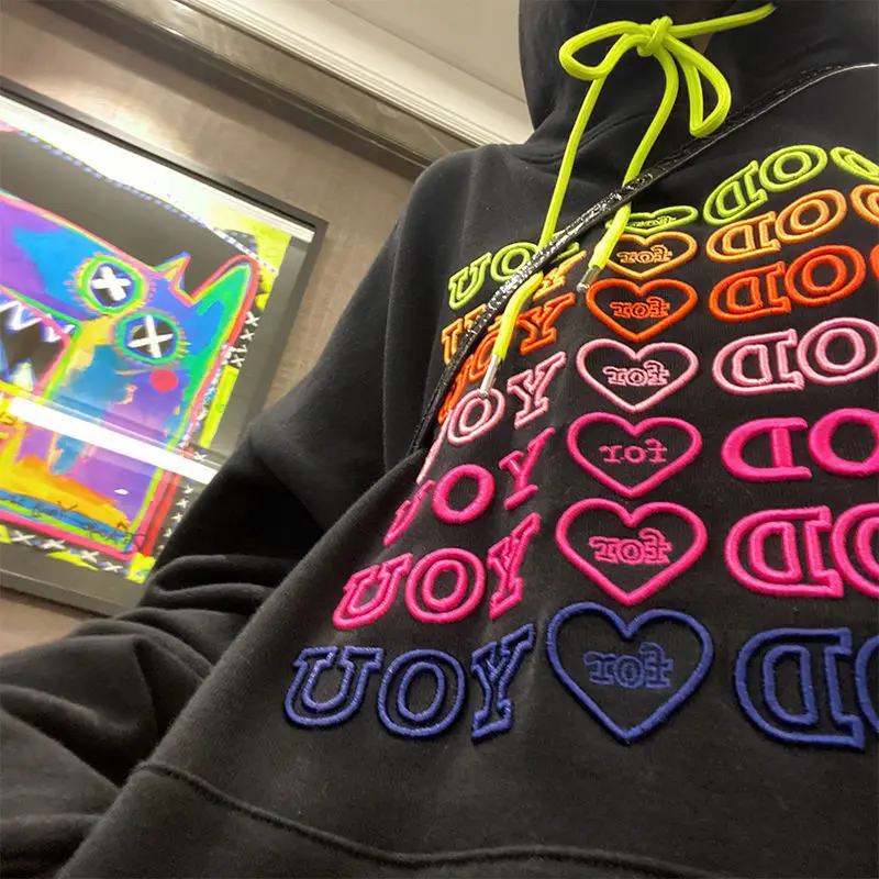 

2021 New Streetwear Pocket Hoodie Winter Clothes Women Oversized Harajuku Sweatshirts Long Sleeve Pullovers Love Embroidery Y2K
