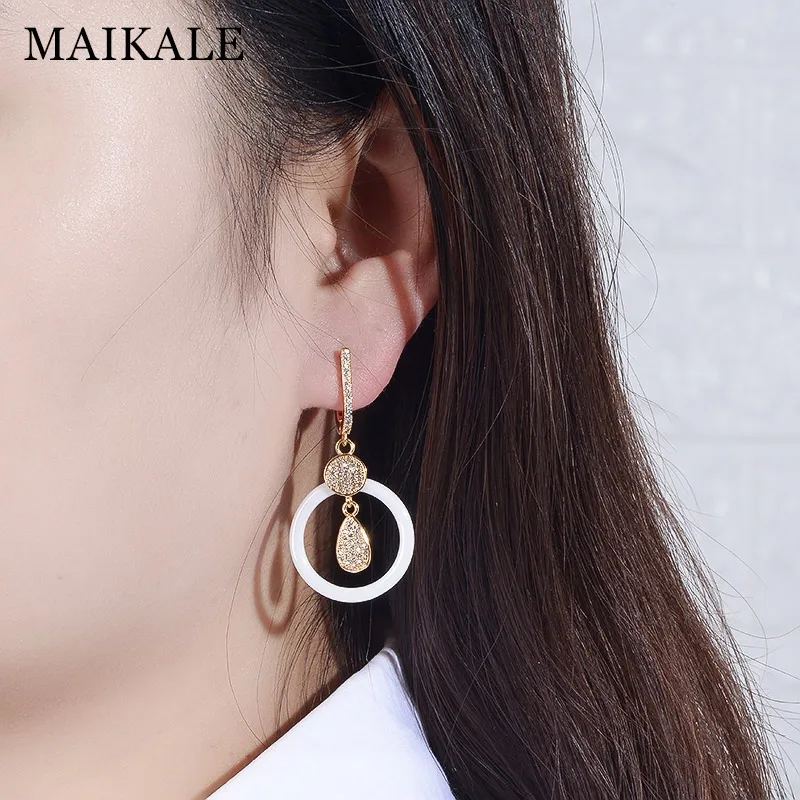Женские серьги подвески MAIKALE круглые керамические с кубическим цирконием и
