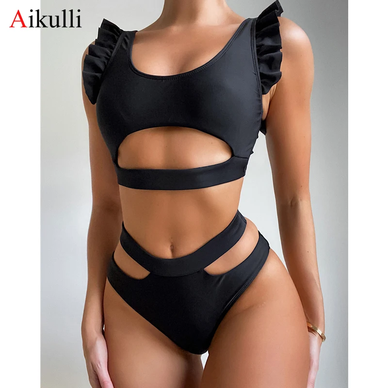 

New High Waist Bikinis Swimsuit Women Sexy Tummy Cut out Bikini Set Female Ruffled Swimwear 2021 Summer Bather Bathing Suit Swim