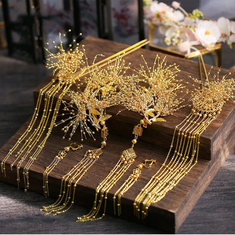 NiuShuya  Traditional Chinese Bridal Headdress Beaded Costume Hairpins Pearls Tassels Women Wedding Jewelry Hair Accessori