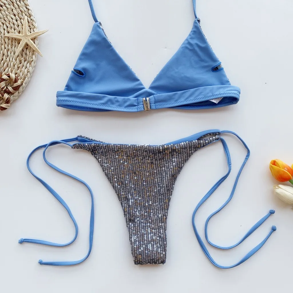 

Women Shiny Sequin Triangle Bikini Set Sexy Beach Swimwear Bandage Halter Tow-Piece Swimsuit Low Waist Bathing Suit