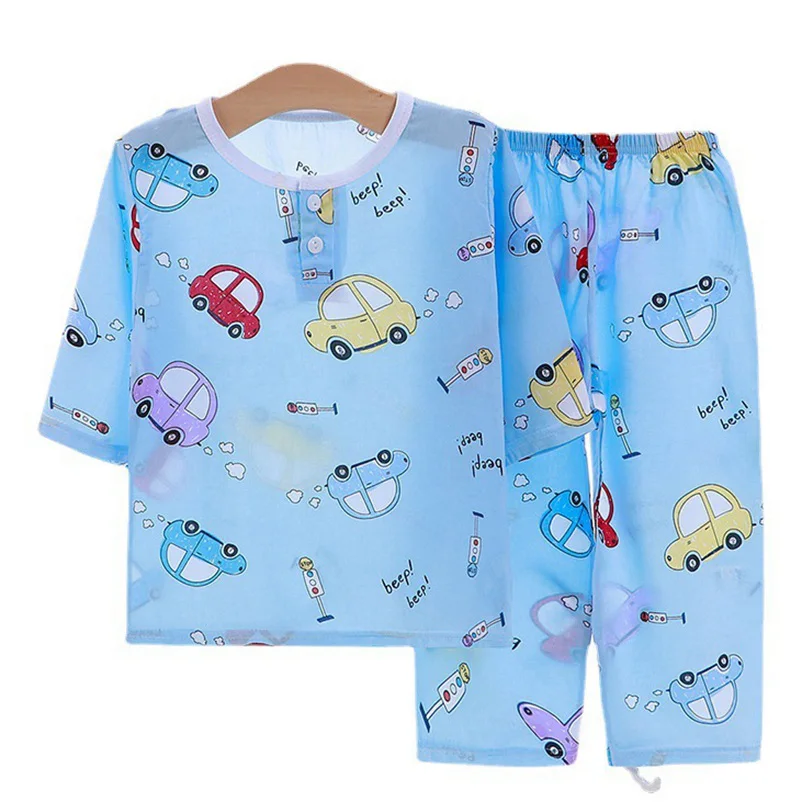 

Children Pajamas Clothing Set Cartoon Print T-shirts Trouser Outfit Suit Baby Boy Girl Three Quarter Tops Tee Pants Tracksuits
