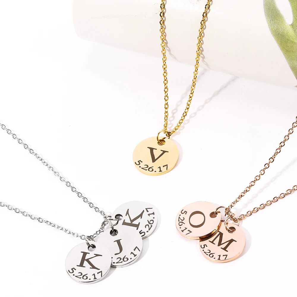 Custom Engraving letter Necklaces Stainless Steel Personalized nameplate Logo round Info Coin for Women Man Mom Gifts | Украшения и