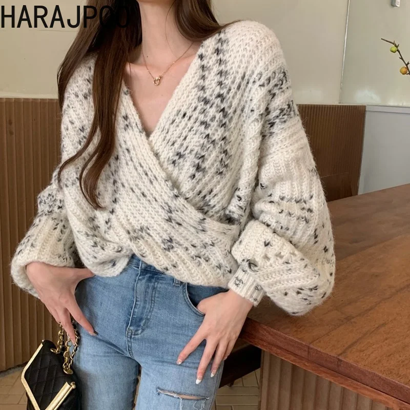 

Pullover Harajpoo Woman Dot Print Cross Lazy Oaf Knitted Sweater Autumn Winter 2021 New Loose Japanese V Neck Simplee Clothing