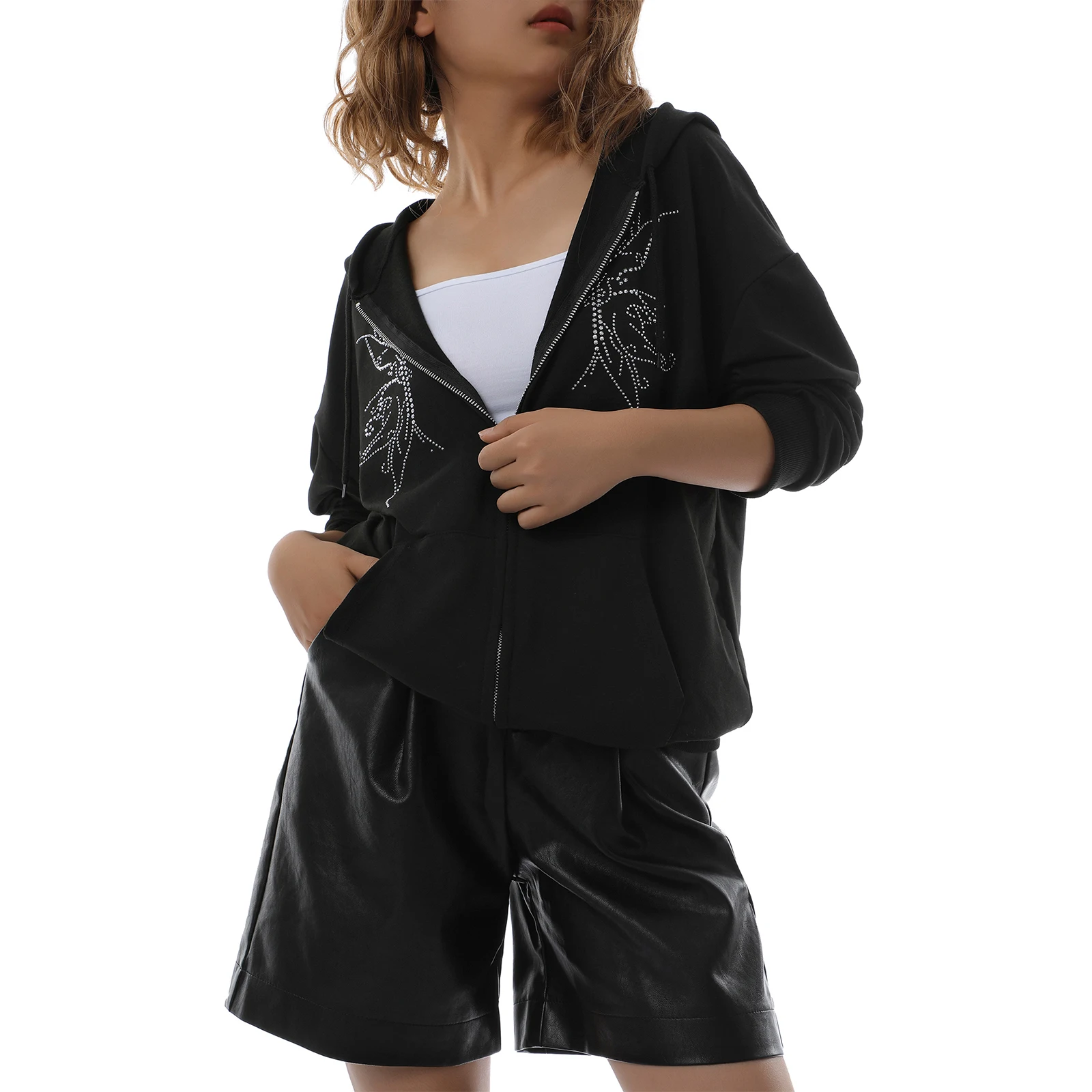 

Women Butterfly Rhinestone Hooded Sweatshirt Polyester Autumn Casual Thin Loose Fit Long Sleeve Zip-up Hoodies with Pockets