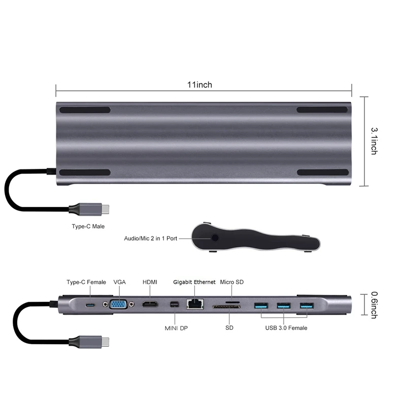 11 в 1 многофункциональный концентратор USB Type C док-станция Алюминиевый к HDMI