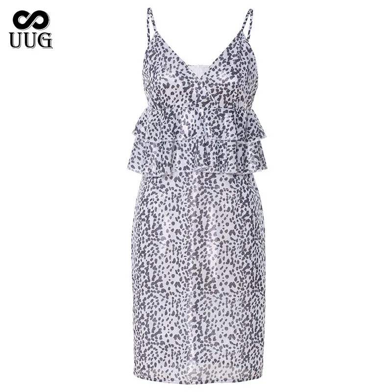 

UUG Sexy Women Summer Dress Ruffled Leopard Short Dresses Sexy Suspender Woman's Clothing V-Neck Sleeveless Slim Elegant Party