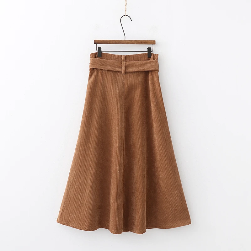 

YNZZU Vintage Brown Corduroy Single Breasted Skirts Women 2020 New High Waist Sashes A-Line Long Ladies Skirt Streetwear AB292