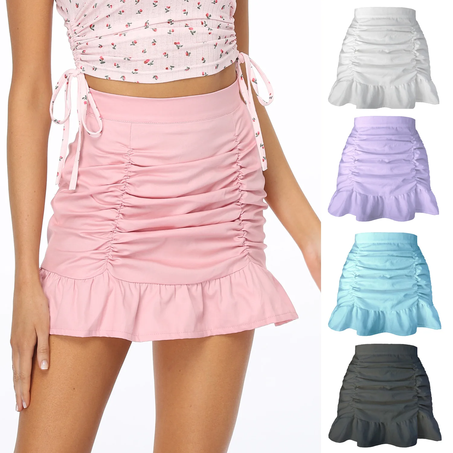 

Women Fashion High Waist Ruched Skirt Stylish Ruffled Hem Solid Color Skirt for Ladies 2021 New Style Hot Sale 5 Colors
