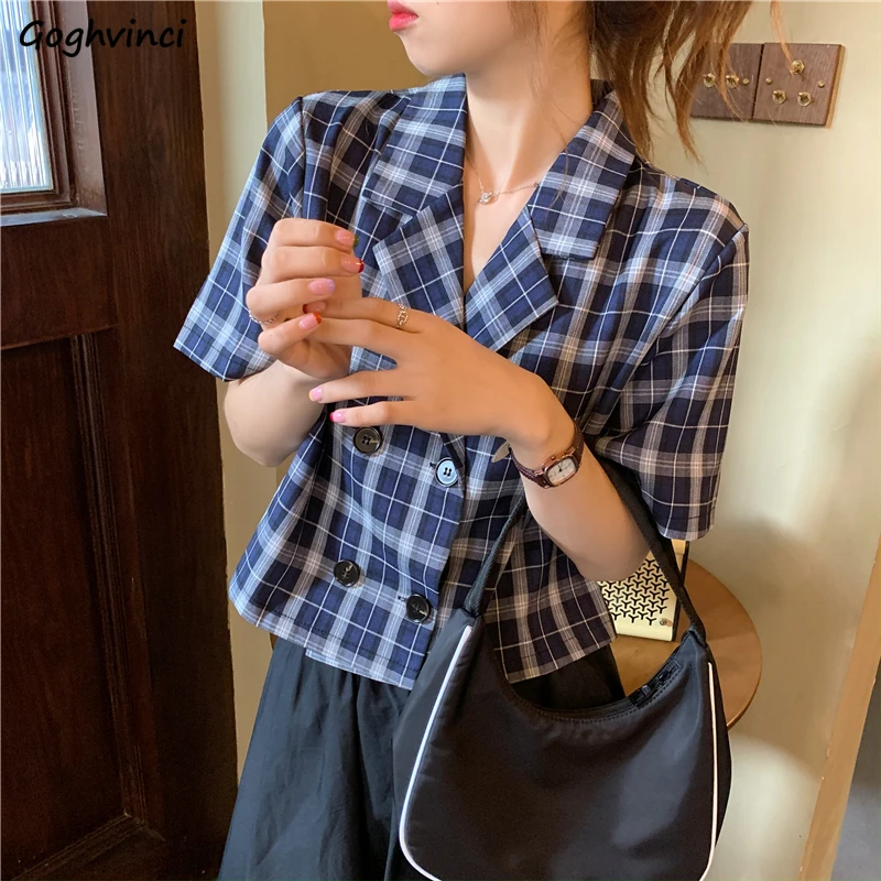 Блузка женская в клетку винтажная Укороченная рубашка Корейском стиле с