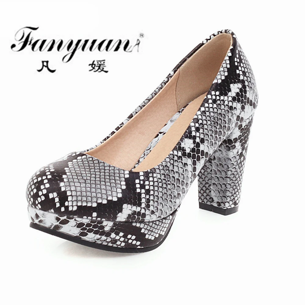 

Fanyuan Brand Snake Printing Sexy Women Sqaure Heels Pumps Platfrom Party Basic Pumps Spring Autumn Party Office Lady Shoes