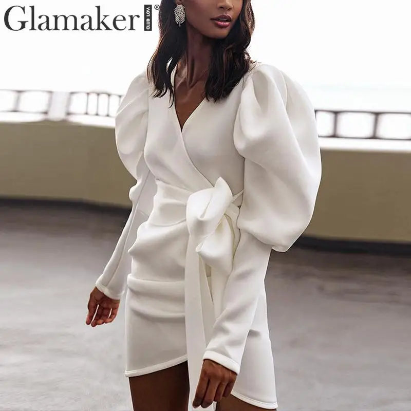 Женское мини платье с пышными рукавами Glamaker черные короткие вечерние облегающие