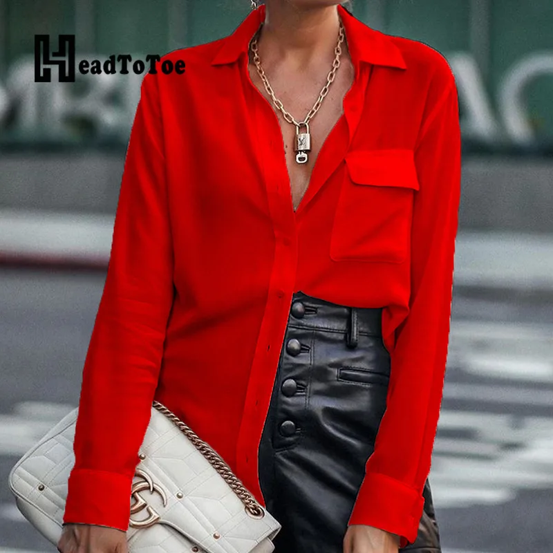 

Solid Button Pocket OL Brief Tops Woman Long Sleeve Turn Down Collar Shirts Women