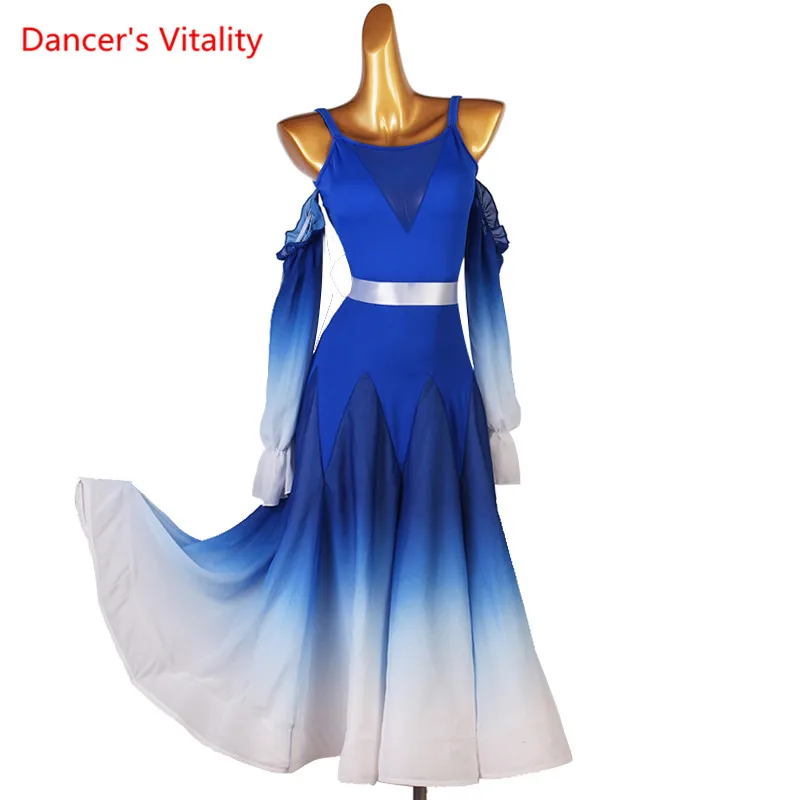 

Ballroom Dance Dress Sling Long Skirt Lantern Sleeves Performance Clothes Profession Custom Adult Child Competition Clothing