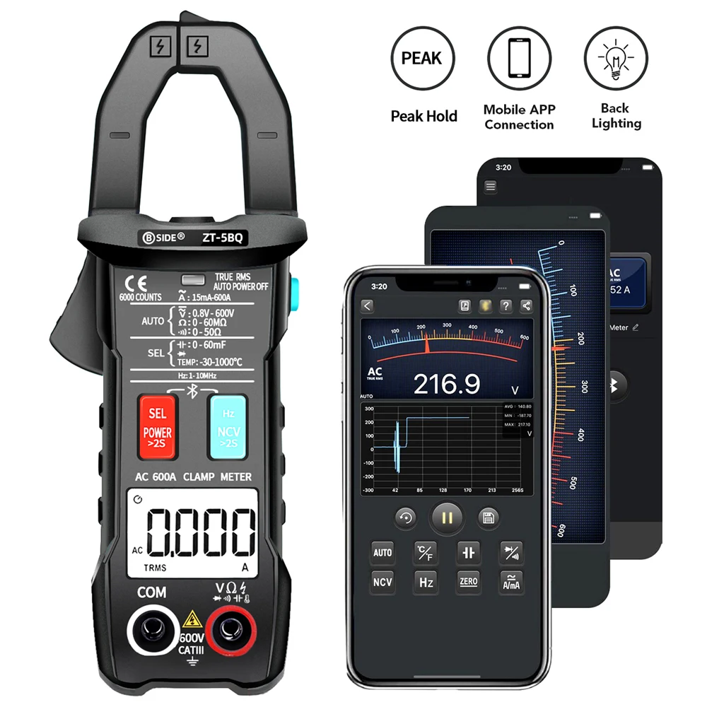

BSIDE ZT-5BQ 6000 Counts High Precision NCV Tester Digital Smart Clamp Meter with BT Function True RMS Clamp Type Multimeter