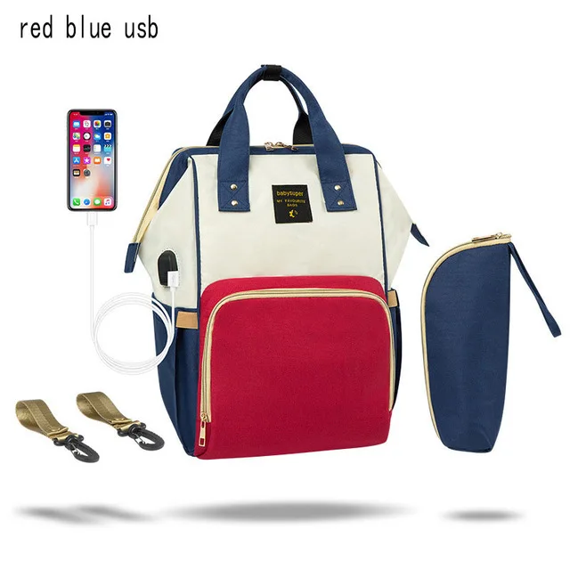 Red blue usb Модная мама Материнство сумка для переноски подгузников Водонепроницаемый сумка для подгузников; рюкзак для путешествий USB большой Ёмкость сумка-рюкзак для ухода за ребенком - Цвет: Red blue usb