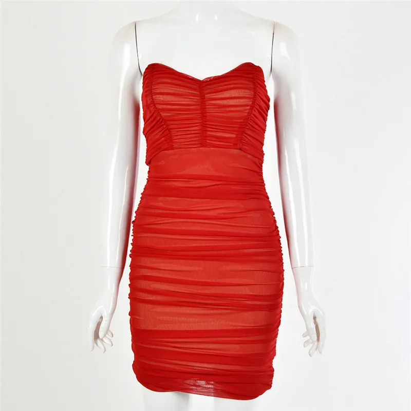 

CNYISHE 2020 Summer Women Dresses Mesh Ruched Sexy Strapless Party Night Club Mini Dress Women Sleeveless Slim Vestidos Female