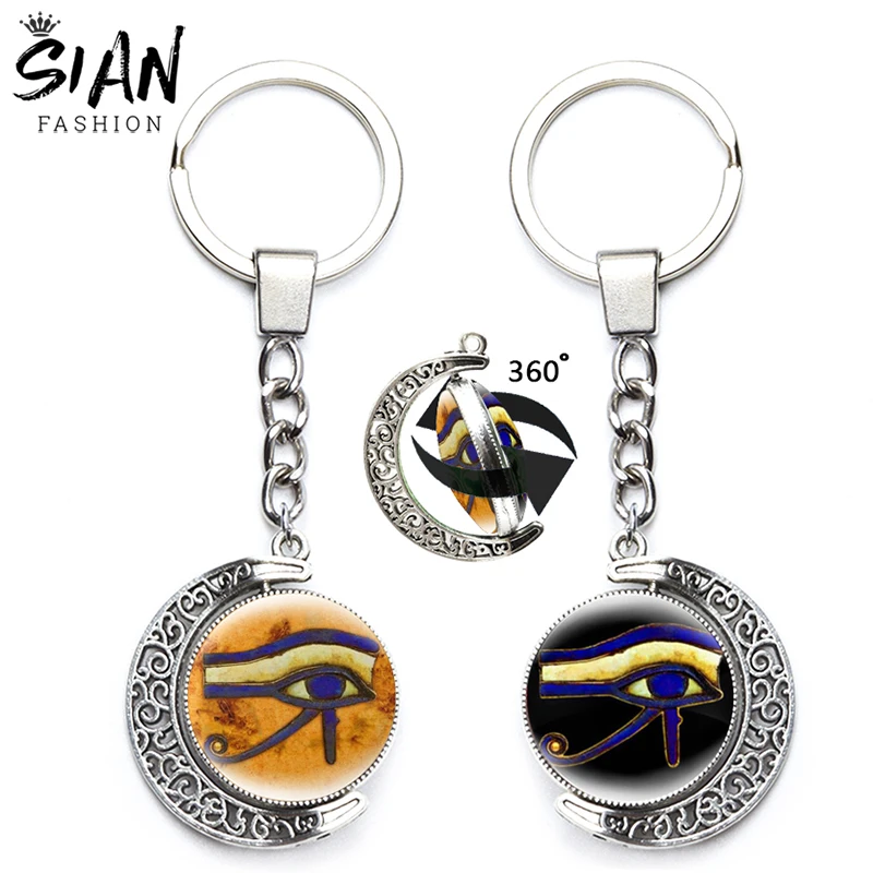 

Eye Of Horus Amulet Symbol Keychains Holder 360 Degrees Rotated Moon Pendant Egyptian Eye Key Chains Keyrings Wholesale Jewelry