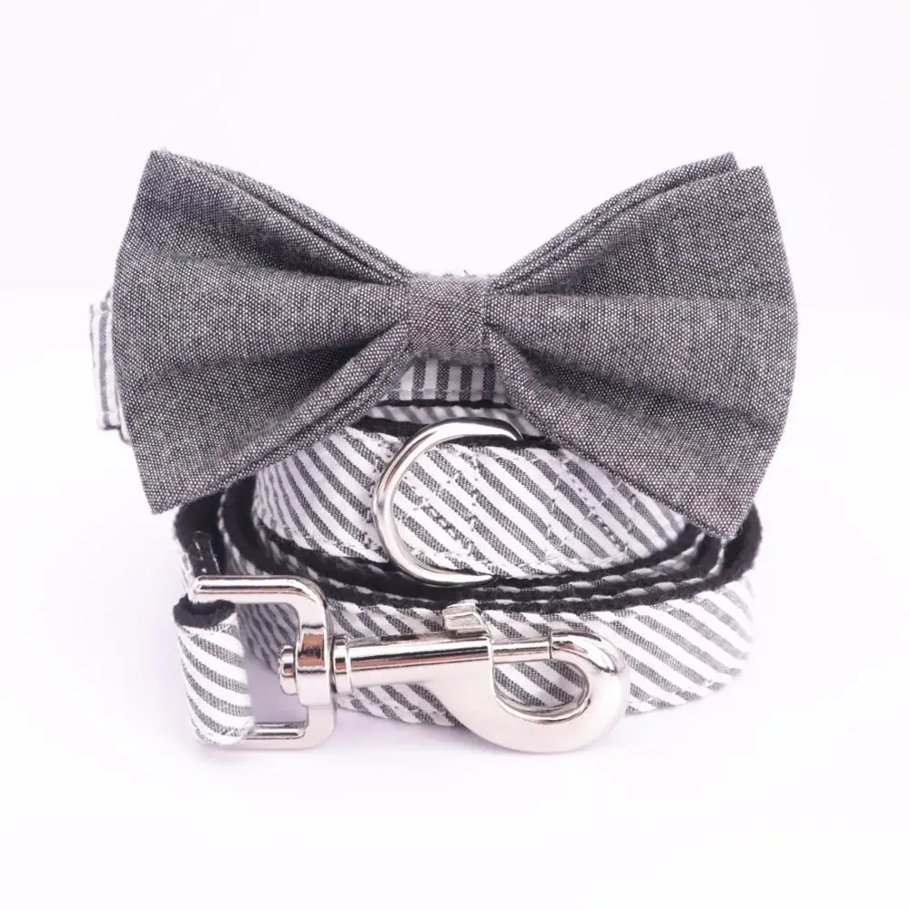 Серый клетчатый ошейник и поводок в комплекте с галстуком бабочкой из