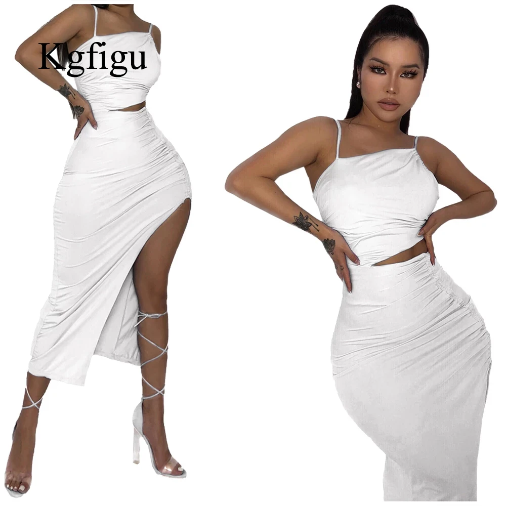 

KGFIGU комплект из двух предметов для женщин 2021 летний женский короткий топ на бретельках и юбка с разрезом Элегантный Модный сексуальный кост...