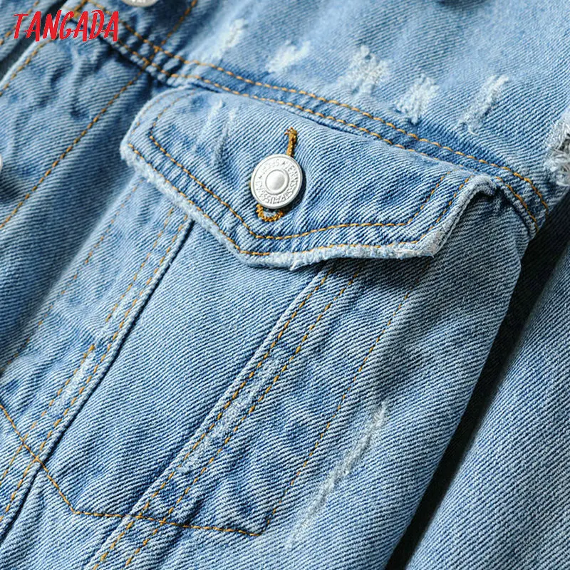 Tangada women short style denim jacket jeans korean fashion pockets short style jacket coat female high street tops FN106