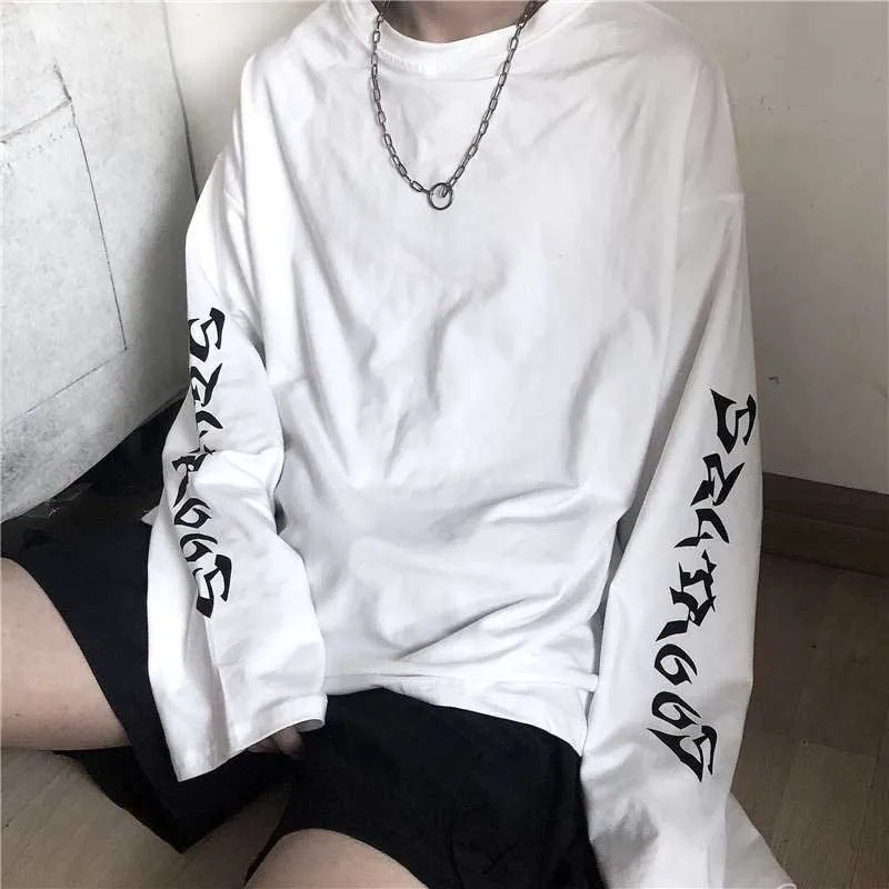 

NiceMix Retro Letter Print Women T Shirts Loose Harajuku Style Student Tees Autumn Wild Solid Cotton Tops Fashion 2022
