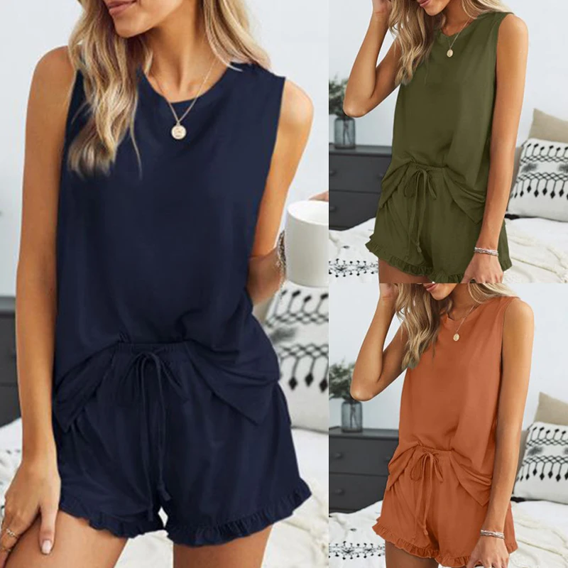 

Summer Ladies Leisure Sports Suit Solid Color Round Neck Sleeveless Pullover Vest Top + Ruffled Drawstring Shorts For Women