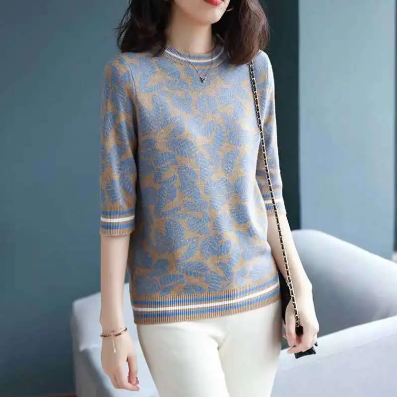 

Autumn Winter Women Round Neck Shirt With Half Sleeve Loose Fashion Sweater Cardigan Pullover Tops F5256