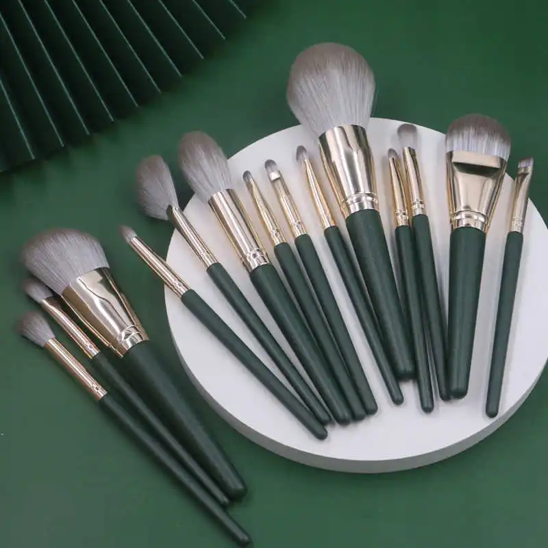 

14 Professional buns Green wood makeup brushes eyeshadow eye set cosmetics mixture powder foundation eyebrow beauty tools
