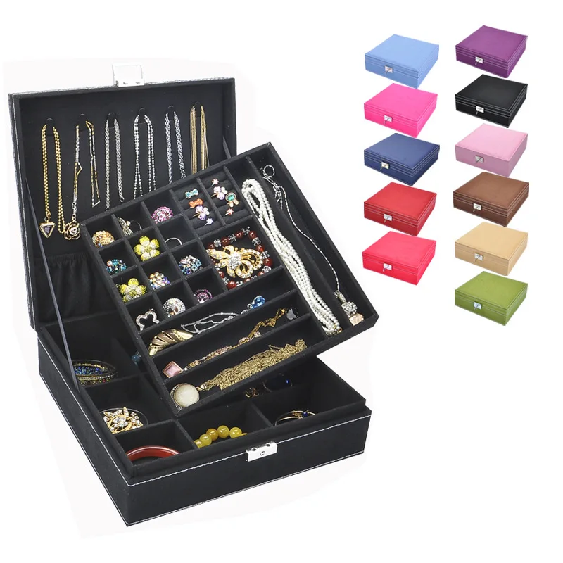 

Large Best Selling Fashion Flannel Square Jewelry Box Simple layout 2 Layers Makeup Organizer choker Ring necklace Storage Box