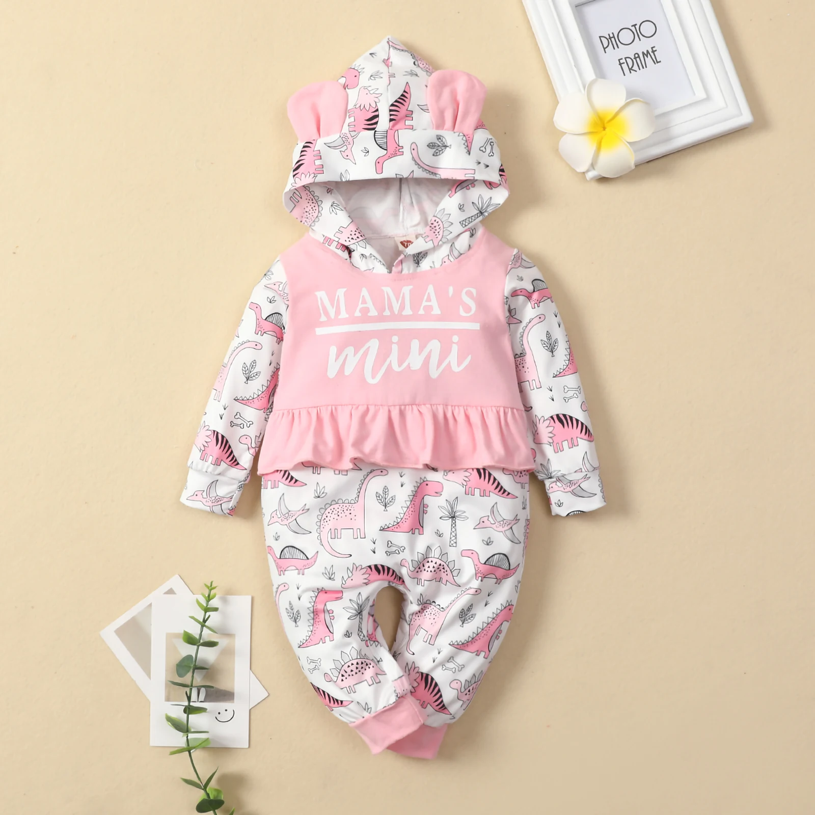 

Autumn Winter Baby Girls Trendy Jumpsuit Lovely Dinosaur Print Flounce Hooded Long Sleeves Long Rompers for Toddlers 0-24 Months
