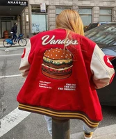 b toto 2021 new american retro red hamburger flocking embroidery baseball uniform female tide ins autumn and winter jacket