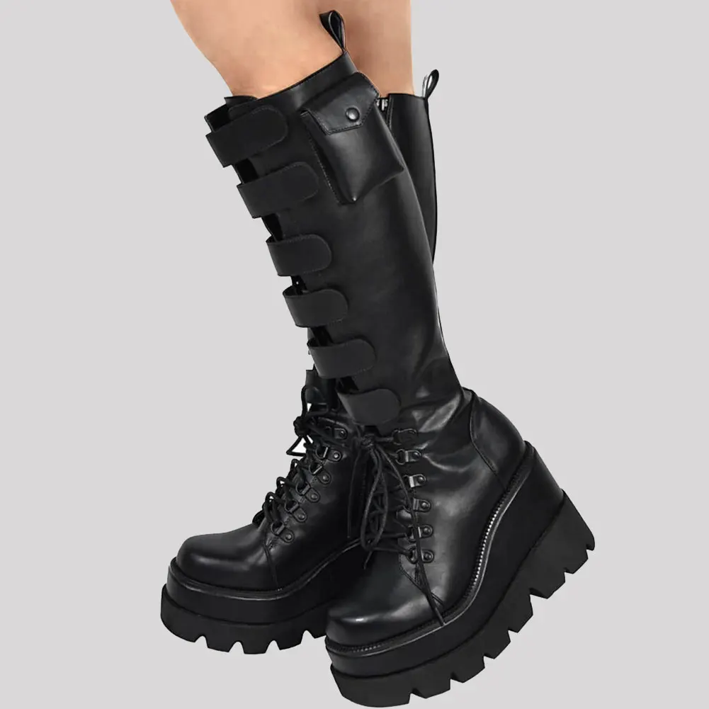

New Brand Design Big Size 43 Shoelaces Motorcycles Boots Female Platform Wedges High Heels mid-calf Boots Women Shoes