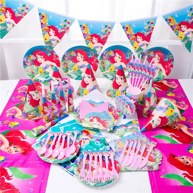 90pcs Cute happy birthday Mermaid Ariel girls baby shower party decoration banner table cloth straws cup plates supplier