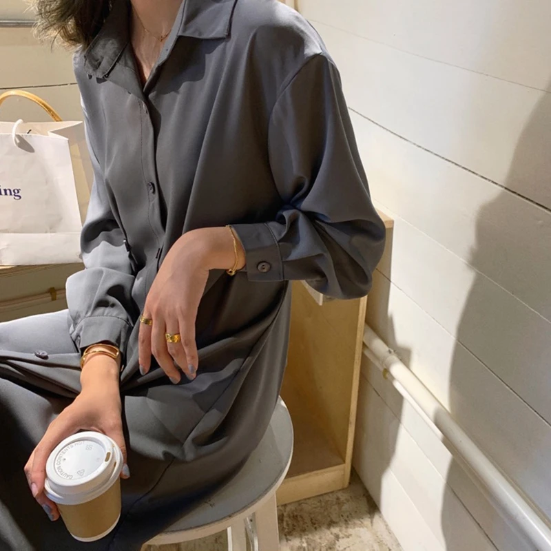 

Casual Long Dress For Women 2021 Spring And Autumn Gray Knee-Length Dress Lapel Long-Sleeve Loose Lace Dress robe longue