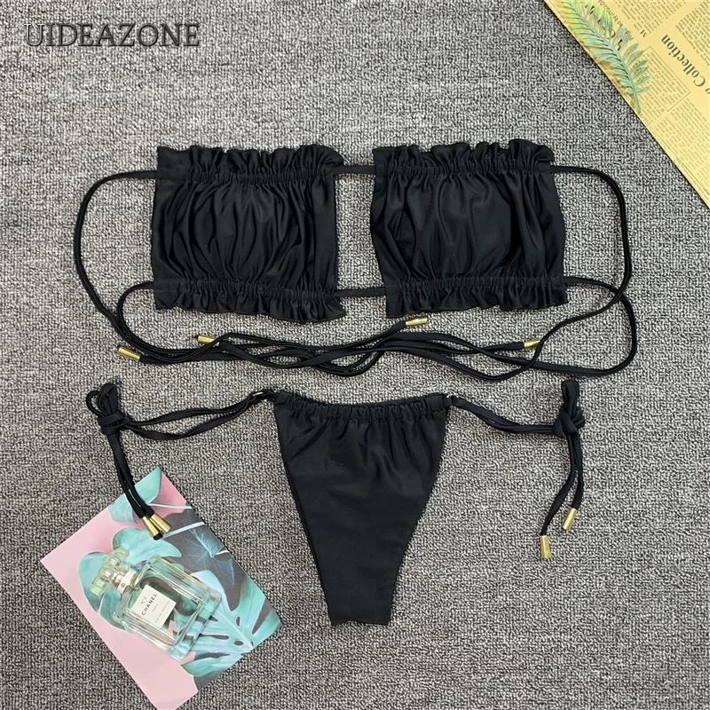 

UIDEAZONE Two Piece Drawstring Women Bikini Sit Strapless Female Swimsuit Low Waist Swimwear Ladies Beach Swimming Bathing Suits